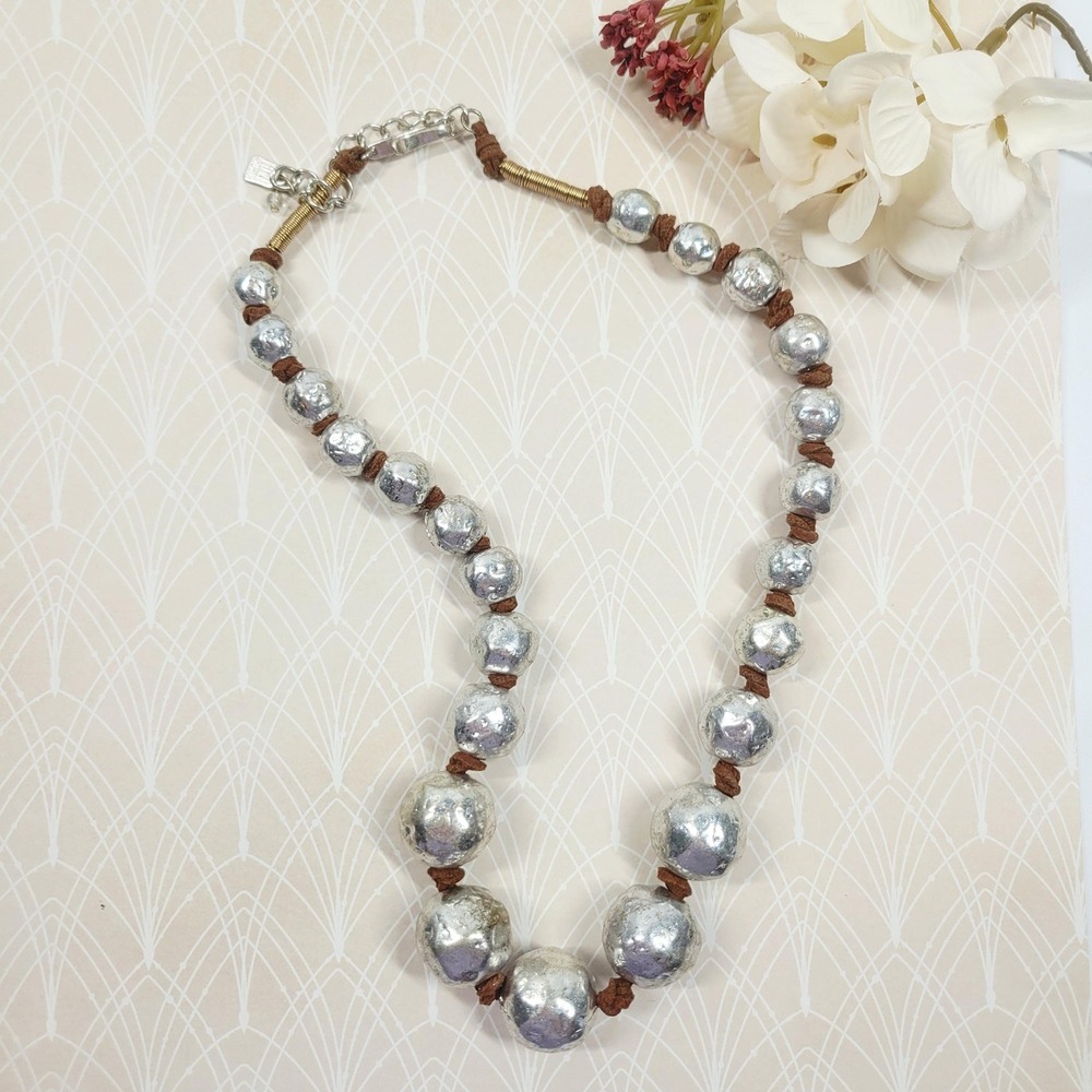 Robert Lee Morris Soho Necklace Hammered Silver Beads Leather Cord Modernist 90s